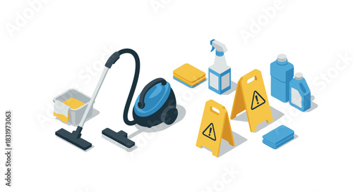 Isometric cleaning equipment set with vacuum, supplies, and safety signs