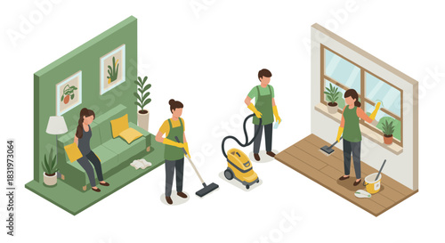 Isometric home cleaning scene with people vacuuming and dusting