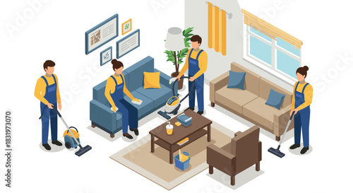 Isometric cleaning service team in modern living room scene