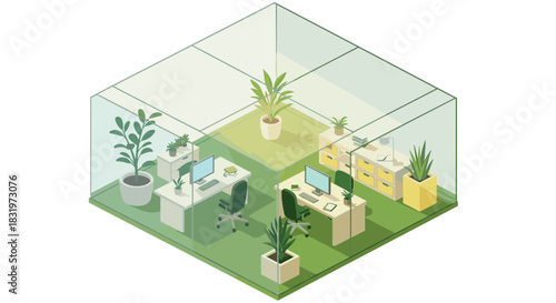 Modern office concept in isometric style with green plants and workspace furniture