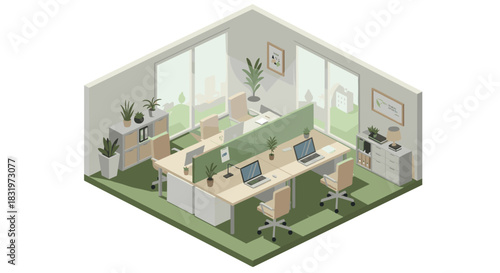 Modern isometric office workspace with desks and greenery