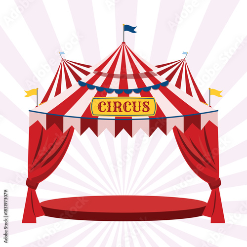 Bright circus marquee with flags, striped canopy, empty podium, performance stage, cheerful festive show background, amusement park celebration design.