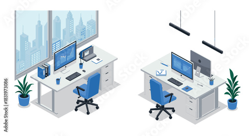 Modern isometric office desks with computers and city view for creative workspaces