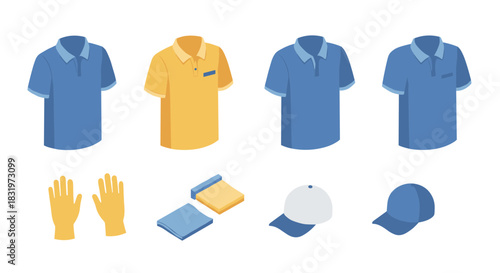 Isometric apparel set including shirts, caps, gloves, towels in various styles