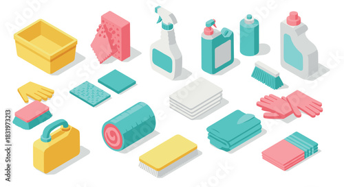 Isometric cleaning supplies set depicting detergents, brushes, and gloves in modern style