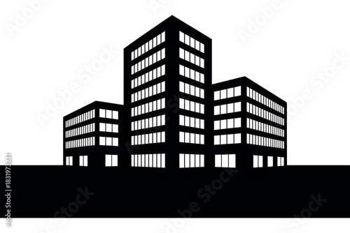 Silhouette of three buildings with multiple windows against white sky