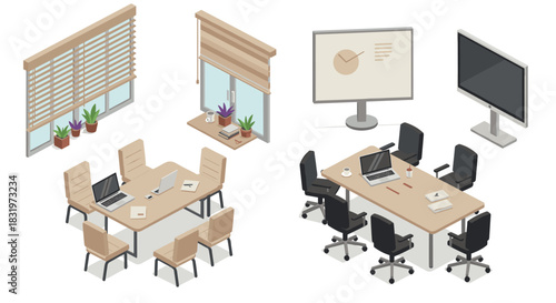 Modern office design with meeting rooms and workspaces in isometric style