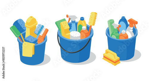 Isometric cleaning supplies in buckets: colorful household products arrangement