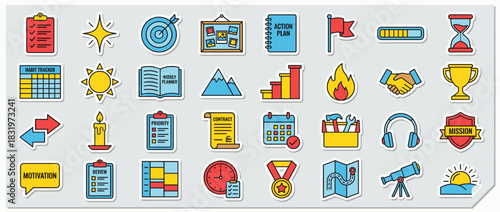 Productivity and achievement icon set. containing checklist, star, target, action plan, chart, trophy, and more. Vector collection