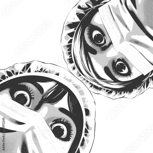 two masked medical professionals peering downward, evoking surgery or emergency context sketch engraving generative ai fictional character vector illustration. Scratch board imitation. Black and white