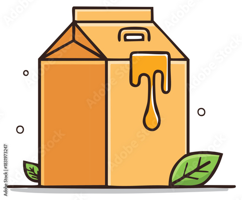 Cartoon illustration of a carton of honey with a dripped effect and leaves.
