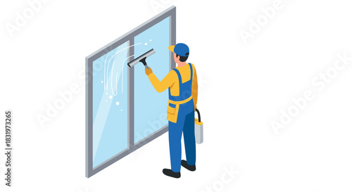 Isometric window cleaning worker in uniform with tools for professional glass maintenance
