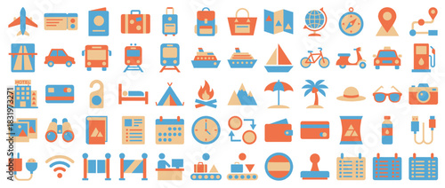 Travel and leisure icon set. containing airplane, suitcase, hotel, map, train, bicycle, palm tree, and more. Vector collection