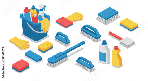 Isometric cleaning supplies on white background with detergents and brushes