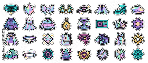 Fashion icon set. containing bow, dress, tiara, crown, jacket, shoes, bag, scarf, flower, necklace and more. Vector collection