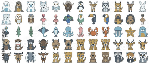 Animal icons set. containing bear, fox, deer, owl, lion, elephant, penguin, toucan, rhinoceros, crocodile, and more. Vector collection