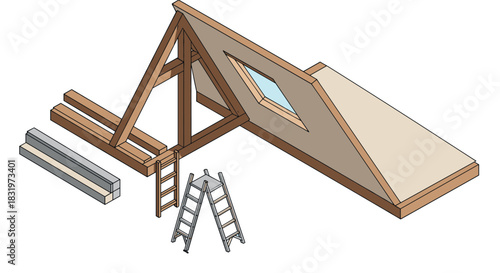 Wooden roof frame construction with ladder and beams in isometric view