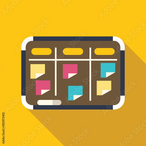 Project management kanban board displaying workflow tasks on colorful sticky notes