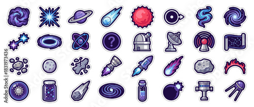Space and astronomy icon set. containing galaxy, supernova, planet, comet, star, telescope, satellite, rocket and more. Vector collection