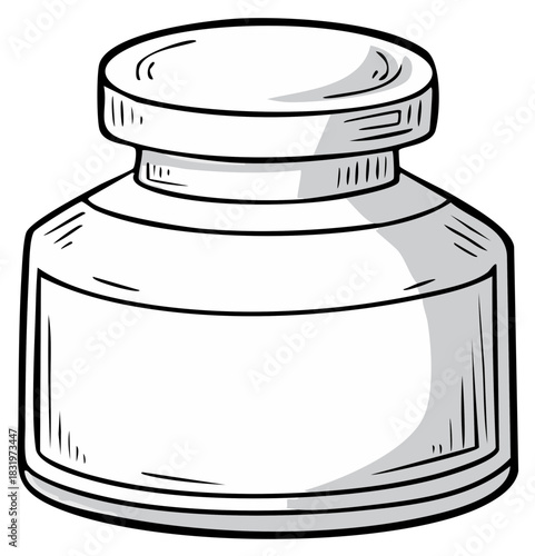 Classic inkwell with a blank label, a hand-drawn black and white vector illustration.