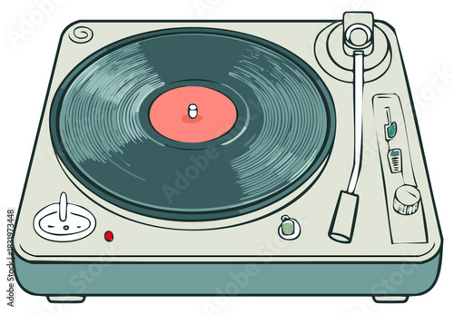 Turntable with Record on Playback Vintage Music Vector Illustration