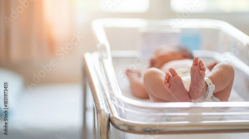 Newborn baby resting in hospital bassinet with identification bracelet.