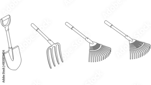Garden tools shovel rake fork vector illustration outline
