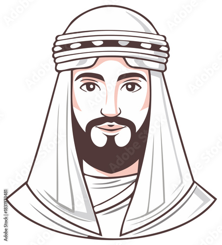 Vector Portrait of a Man with Beard in Middle Eastern Headdress Attire Illustration