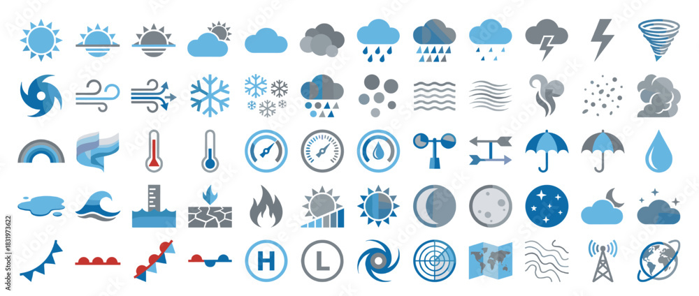 Naklejka premium Weather icon set. containing sun, cloud, rain, snow, wind, storm, lightning, temperature, moon, forecast and more. Vector collection