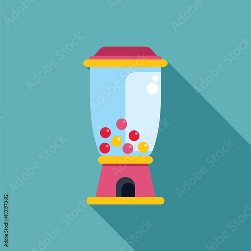 Gumball machine filled with colorful candy balls, presenting a flat design icon