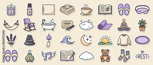Cozy relaxation icons set. includes candle, pillow, blanket, tea, book, slippers, mask, hammock, bath, soap, meditation. Vector collection
