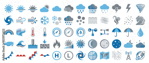 Weather icon set. containing sun, cloud, rain, snow, wind, storm, lightning, temperature, moon, forecast and more. Vector collection