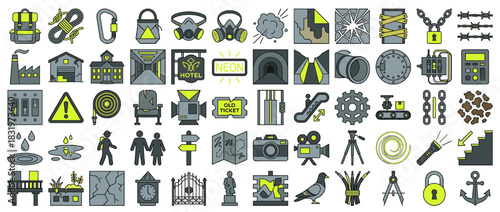 Urban adventure icon set. containing rope, headphones, graffiti, hotel, neon, tunnel, chain, barcode, and more. Vector collection