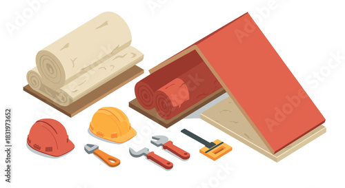 Isometric construction materials and tools for roofing and insulation projects