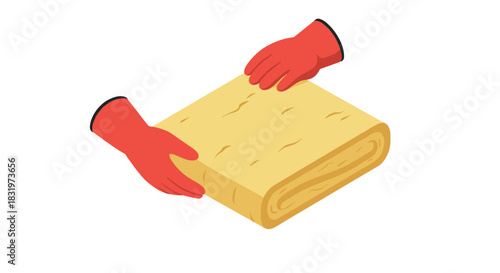 Hands holding yellow wool insulation roll with red gloves on white background