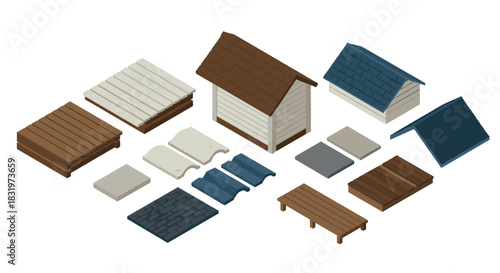 Isometric house construction elements: roofs, walls, and floors in modular design