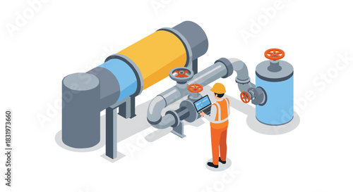 Industrial worker monitoring pipe system with modern technology in isometric style
