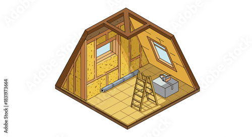 3d isometric attic room with insulation and renovation tools