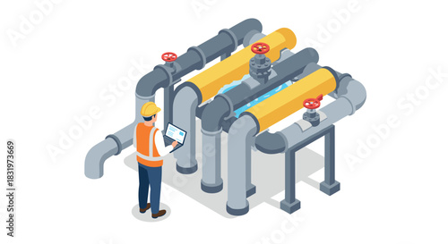 Isometric industrial worker monitoring pipeline system with digital tablet
