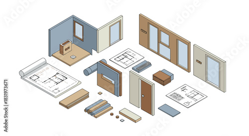 Isometric home construction elements with floor plans and building materials