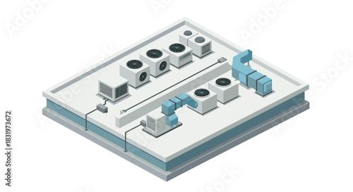 Isometric hvac system on building rooftop with air conditioning units and ventilation ducts