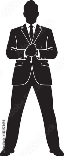 Silhouette of a man in a suit with arms crossed standing confidently