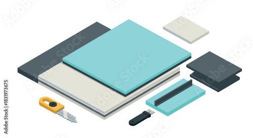 Isometric view of construction tools and building materials on white background