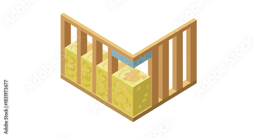 Isometric wood frame corner with insulation blocks for energy efficient construction
