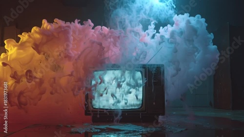 Retro television engulfed by colorful smoke cloud