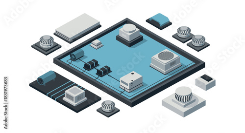 Isometric city rooftop elements with hvac and technology installations