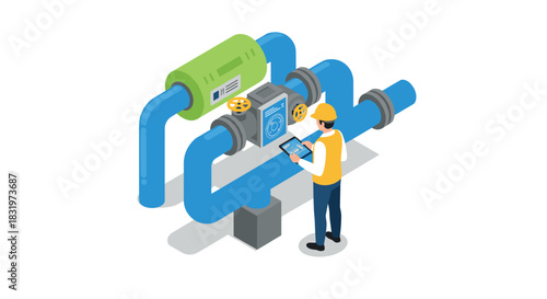 Industrial worker monitoring pipeline system with digital tablet isometric illustration