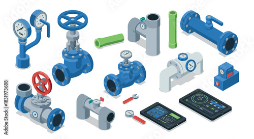 Industrial pipe system with valves and gauges in isometric design