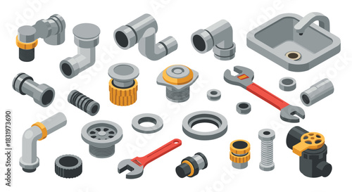 Isometric plumbing tools and accessories set for home repair