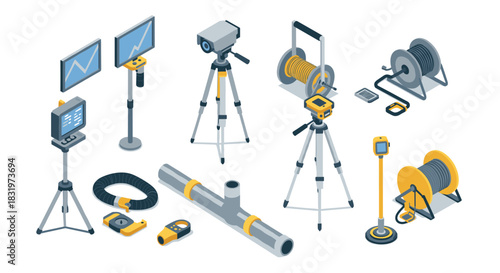 Isometric surveying equipment set with tripods and tools for precision measurements